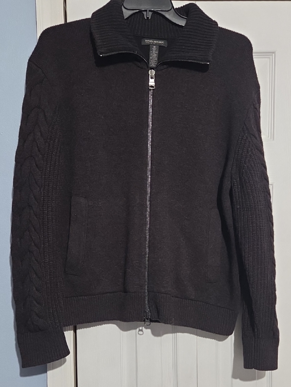 Banana Republic Men's Brown Full-Zip Cable Sleeve Heavy Sweater Wool Blend.